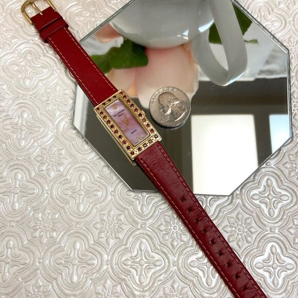 Marcel Drucker Red Gemstone Bezel Tank Style Watch with Pink MOP Dial - Picture 9 of 16
